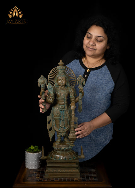 27” Bronze Standing Vishnu with Gada - Lost-Wax Method Sculpture