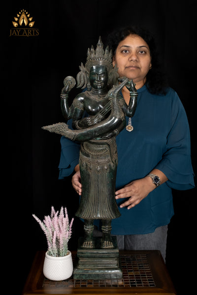 35" Cambodian Style Bronze Goddess Lakshmi Holding Yazh, Ancient Indian Harp Instrument