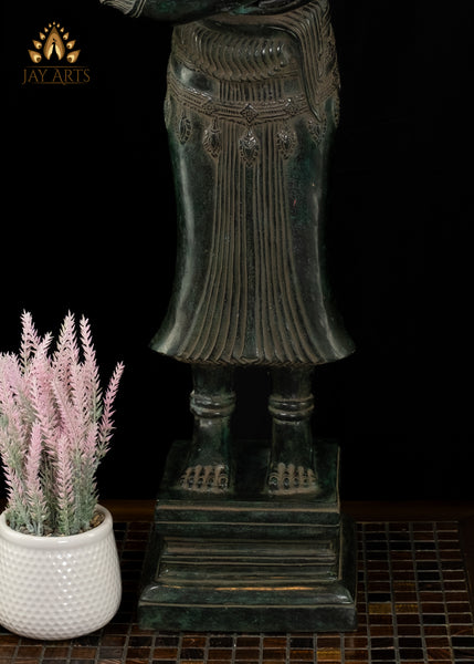 35" Cambodian Style Bronze Goddess Lakshmi Holding Yazh, Ancient Indian Harp Instrument