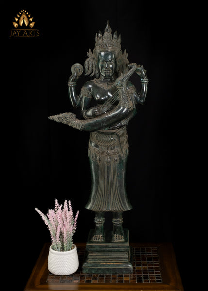 35" Cambodian Style Bronze Goddess Lakshmi Holding Yazh, Ancient Indian Harp Instrument