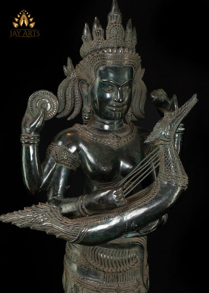 35" Cambodian Style Bronze Goddess Lakshmi Holding Yazh, Ancient Indian Harp Instrument