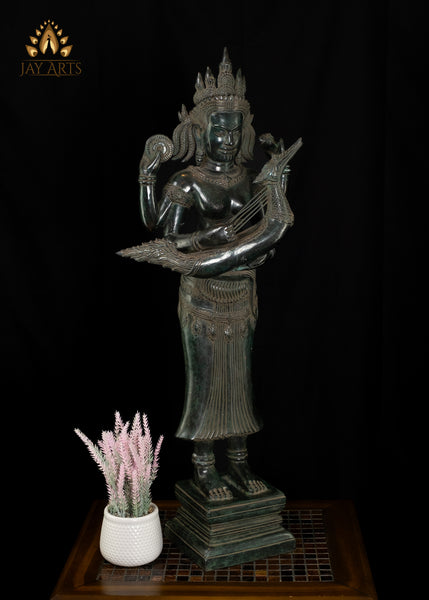 35" Cambodian Style Bronze Goddess Lakshmi Holding Yazh, Ancient Indian Harp Instrument