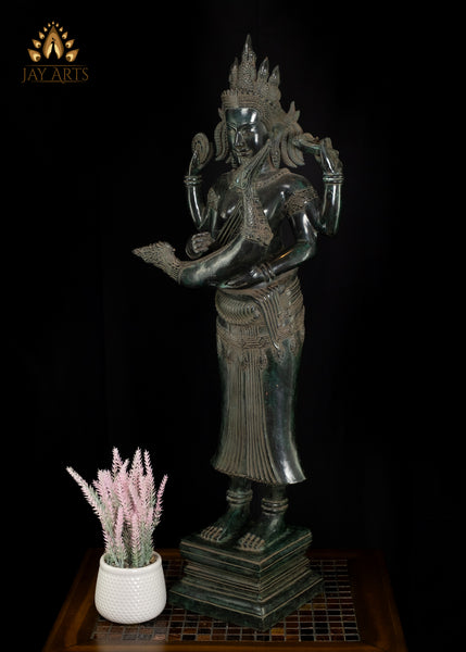 35" Cambodian Style Bronze Goddess Lakshmi Holding Yazh, Ancient Indian Harp Instrument