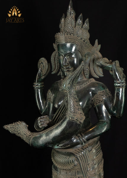 35" Cambodian Style Bronze Goddess Lakshmi Holding Yazh, Ancient Indian Harp Instrument