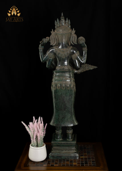 35" Cambodian Style Bronze Goddess Lakshmi Holding Yazh, Ancient Indian Harp Instrument