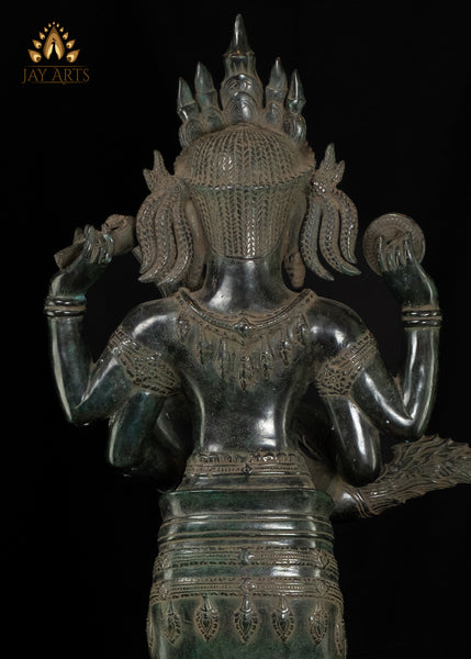 35" Cambodian Style Bronze Goddess Lakshmi Holding Yazh, Ancient Indian Harp Instrument