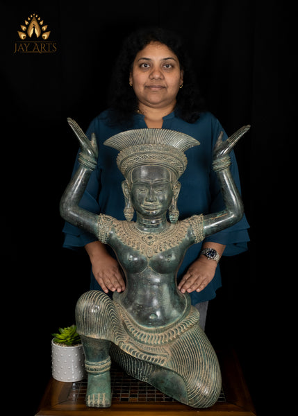 28” Cambodian Bronze Sitting Apsara Hands Raised in a Distinctive Pose with Exquisite Details