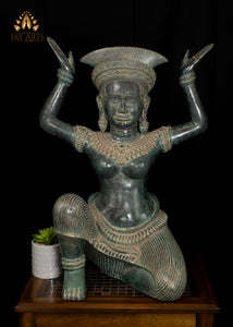 28” Cambodian Bronze Sitting Apsara Hands Raised in a Distinctive Pose with Exquisite Details