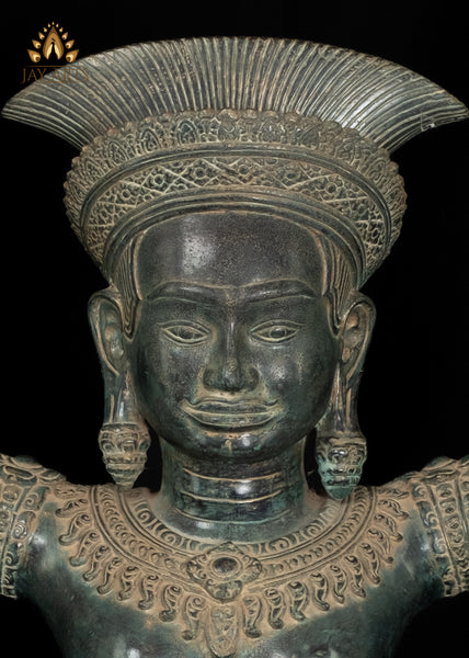 28” Cambodian Bronze Sitting Apsara Hands Raised in a Distinctive Pose with Exquisite Details