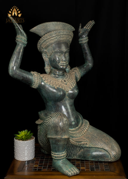 28” Cambodian Bronze Sitting Apsara Hands Raised in a Distinctive Pose with Exquisite Details