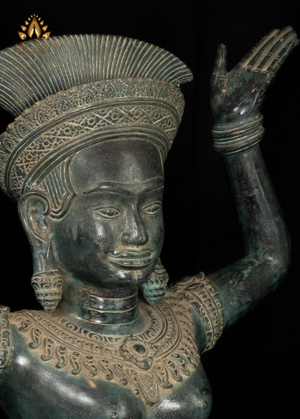 28” Cambodian Bronze Sitting Apsara Hands Raised in a Distinctive Pose with Exquisite Details