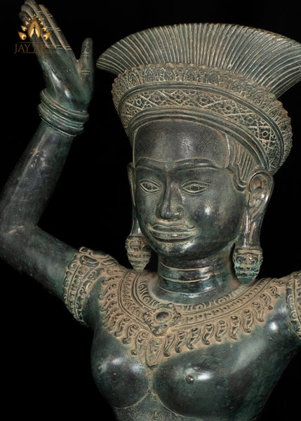 28” Cambodian Bronze Sitting Apsara Hands Raised in a Distinctive Pose with Exquisite Details