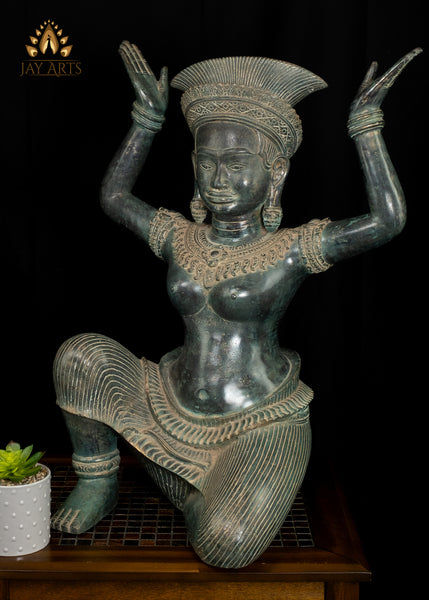 28” Cambodian Bronze Sitting Apsara Hands Raised in a Distinctive Pose with Exquisite Details