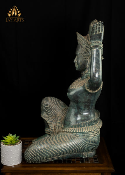 28” Cambodian Bronze Sitting Apsara Hands Raised in a Distinctive Pose with Exquisite Details