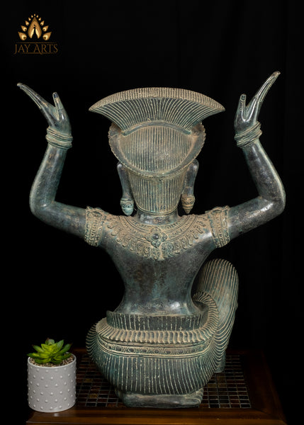 28” Cambodian Bronze Sitting Apsara Hands Raised in a Distinctive Pose with Exquisite Details