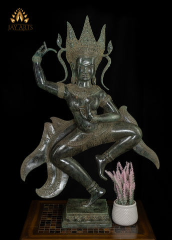 34" Cambodian Dancing Bronze Apsara Statue - An Enduring embodiment of Ethereal Allure