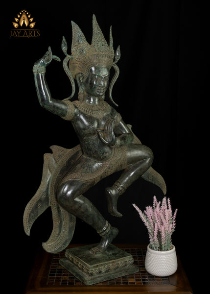 34" Cambodian Dancing Bronze Apsara Statue - An Enduring embodiment of Ethereal Allure