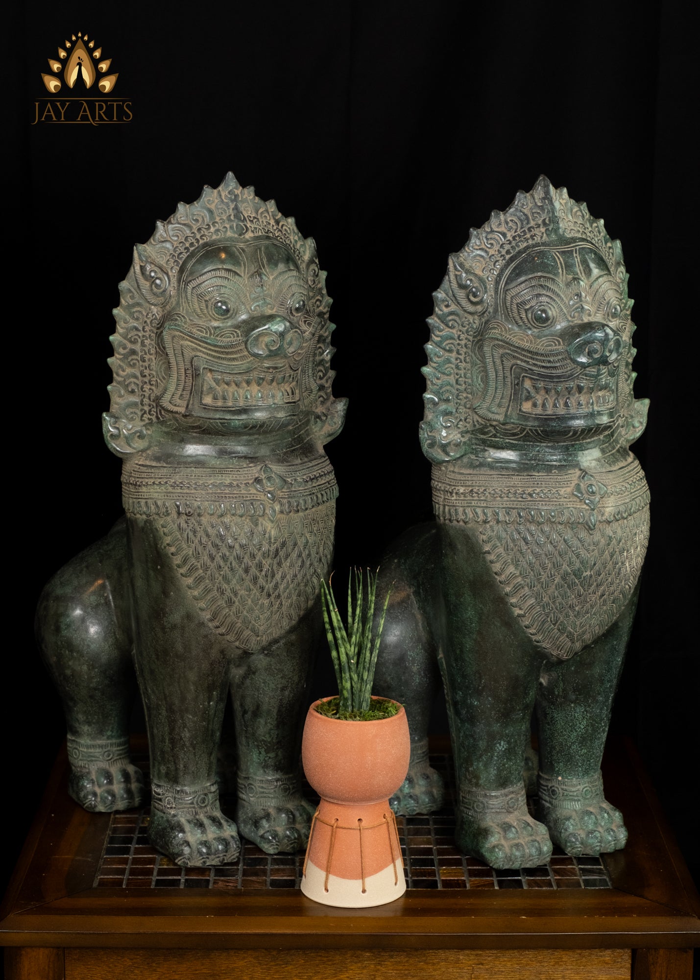 22" Bronze Khmer Style Standing Temple Lions with Splendid Details