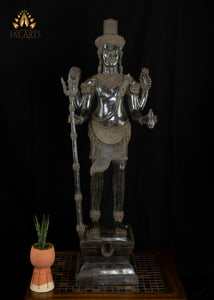 36” Bayon Style Standing Shiva Holding a Trident Cambodian Bronze Tall Shiva Statue