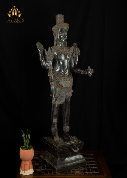 36” Bayon Style Standing Shiva Holding a Trident Cambodian Bronze Tall Shiva Statue