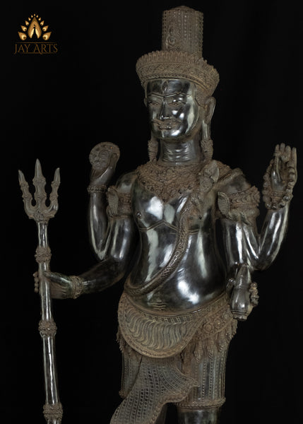 36” Bayon Style Standing Shiva Holding a Trident Cambodian Bronze Tall Shiva Statue