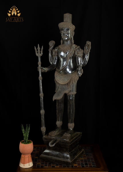 36” Bayon Style Standing Shiva Holding a Trident Cambodian Bronze Tall Shiva Statue