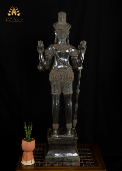 36” Bayon Style Standing Shiva Holding a Trident Cambodian Bronze Tall Shiva Statue