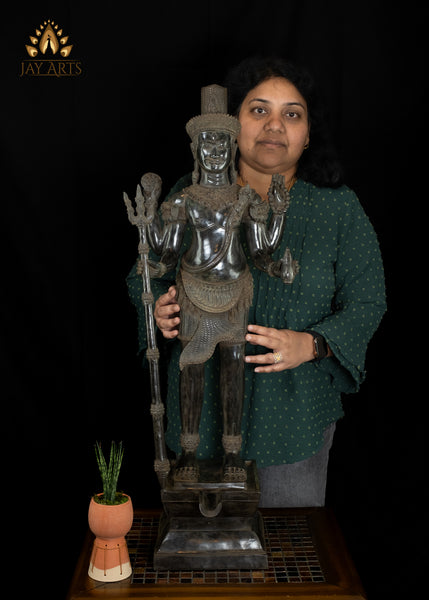 36” Bayon Style Standing Shiva Holding a Trident Cambodian Bronze Tall Shiva Statue