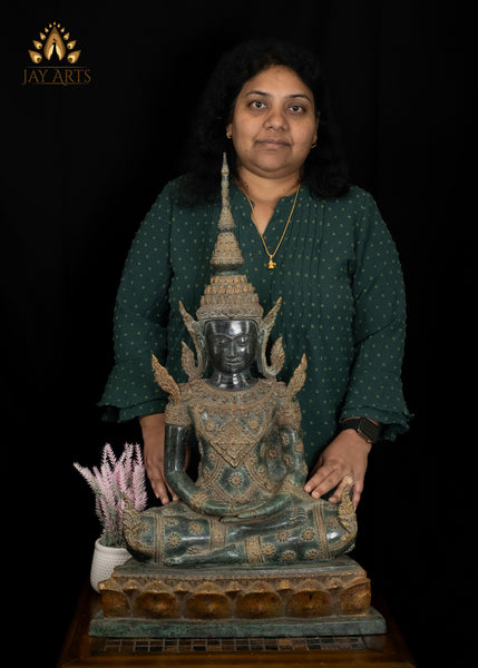 30” Khmer Style Buddha in Meditation wearing an Exquisite Floral Motif Robe and Spire-like Crown