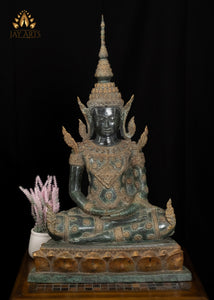 30” Khmer Style Buddha in Meditation wearing an Exquisite Floral Motif Robe and Spire-like Crown