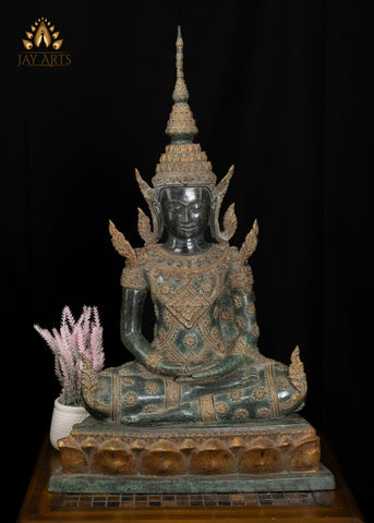 30” Khmer Style Buddha in Meditation wearing an Exquisite Floral Motif Robe and Spire-like Crown