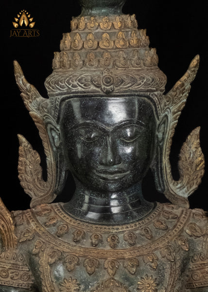 30” Khmer Style Buddha in Meditation wearing an Exquisite Floral Motif Robe and Spire-like Crown