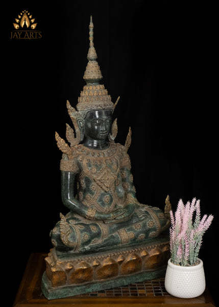 30” Khmer Style Buddha in Meditation wearing an Exquisite Floral Motif Robe and Spire-like Crown