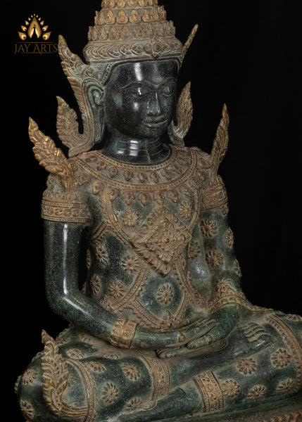 30” Khmer Style Buddha in Meditation wearing an Exquisite Floral Motif Robe and Spire-like Crown