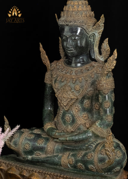 30” Khmer Style Buddha in Meditation wearing an Exquisite Floral Motif Robe and Spire-like Crown