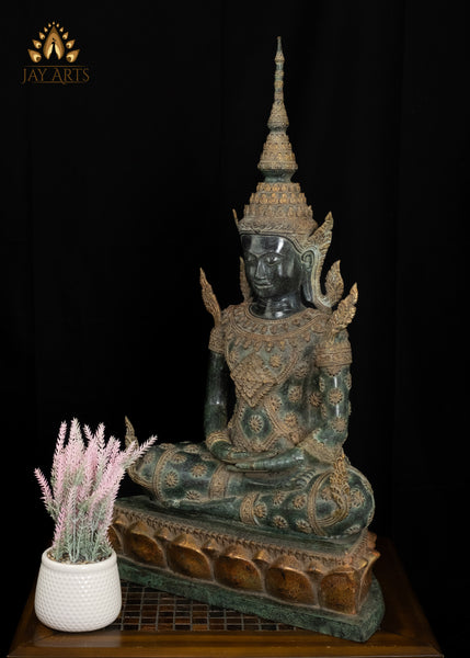 30” Khmer Style Buddha in Meditation wearing an Exquisite Floral Motif Robe and Spire-like Crown