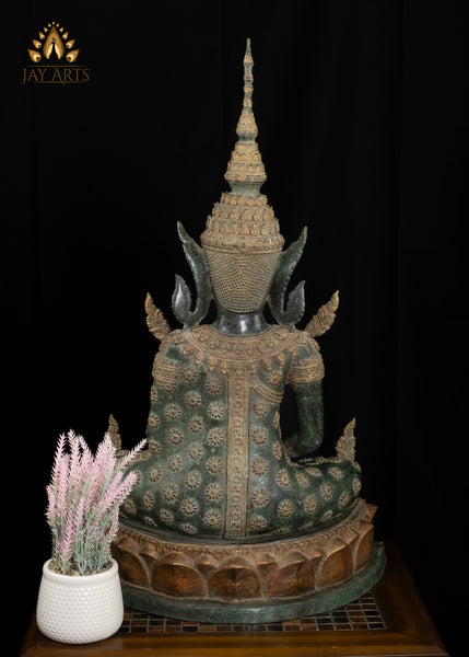 30” Khmer Style Buddha in Meditation wearing an Exquisite Floral Motif Robe and Spire-like Crown