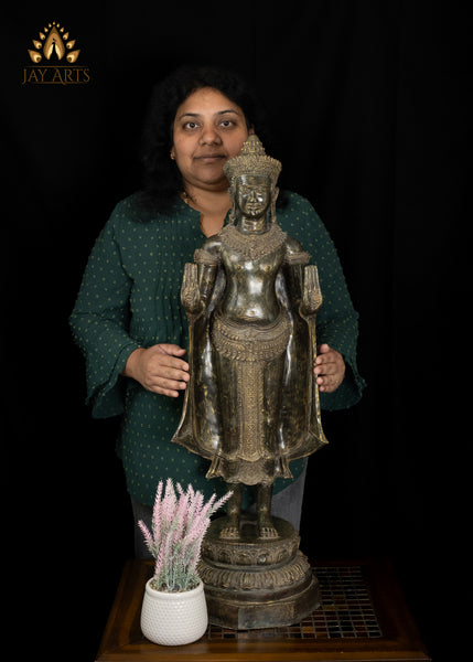 34” Cambodian Style Bronze Standing Buddha in Abhaya Mudra