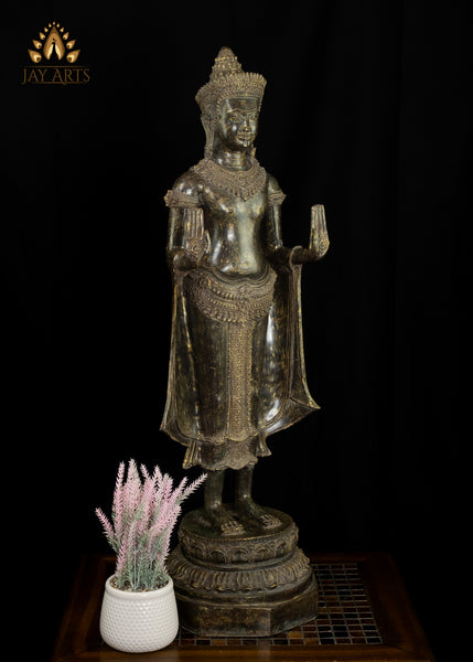 34” Cambodian Style Bronze Standing Buddha in Abhaya Mudra