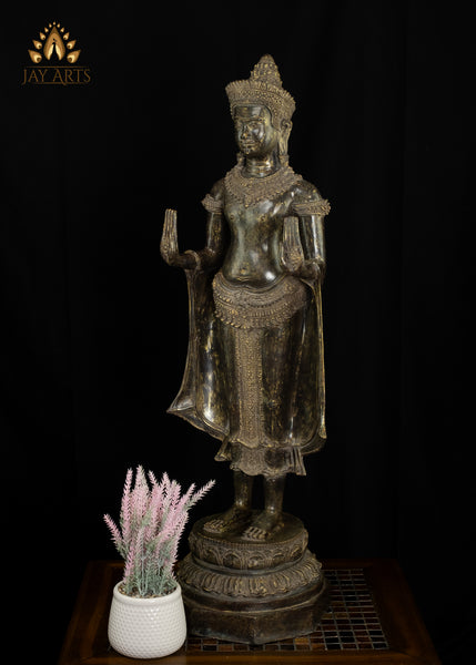 34” Cambodian Style Bronze Standing Buddha in Abhaya Mudra