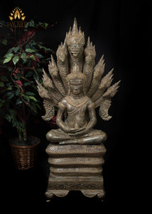 46” Large Khmer Style Spectacular Bronze Naga Buddha in Meditation protected by Nine Headed Muchalinda Serpent