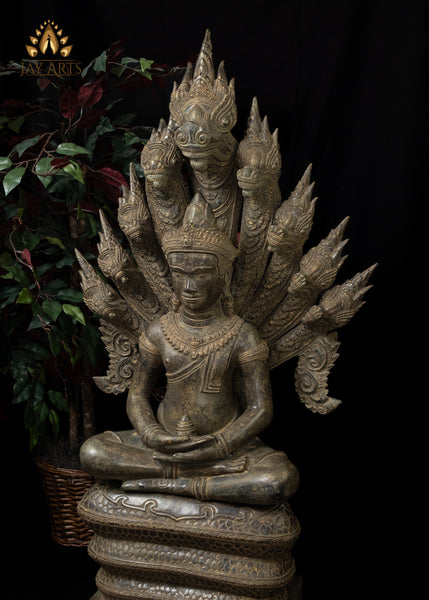 46” Large Khmer Style Spectacular Bronze Naga Buddha in Meditation protected by Nine Headed Muchalinda Serpent