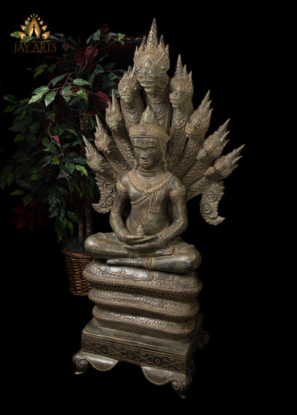 46” Large Khmer Style Spectacular Bronze Naga Buddha in Meditation protected by Nine Headed Muchalinda Serpent