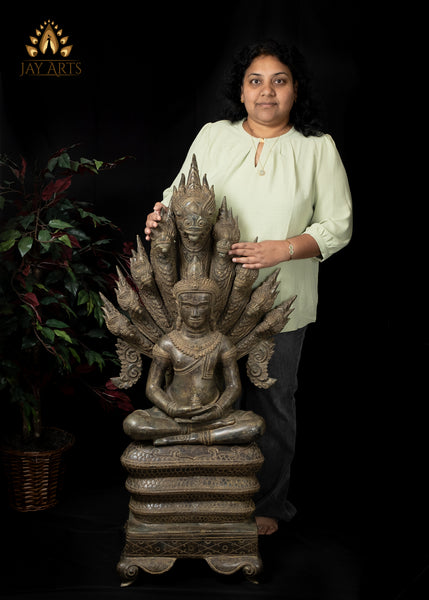 46” Large Khmer Style Spectacular Bronze Naga Buddha in Meditation protected by Nine Headed Muchalinda Serpent