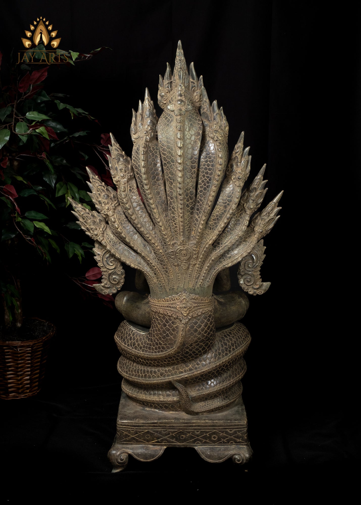 Antique Carved Yellow Naga Eye Nakprok 7 Naga Snake Seat 2024 Buddha sheltered by muchalinda Sculpture Naga