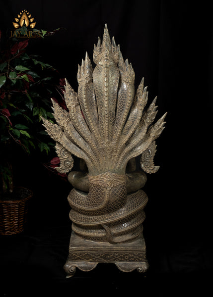 46” Large Khmer Style Spectacular Bronze Naga Buddha in Meditation protected by Nine Headed Muchalinda Serpent