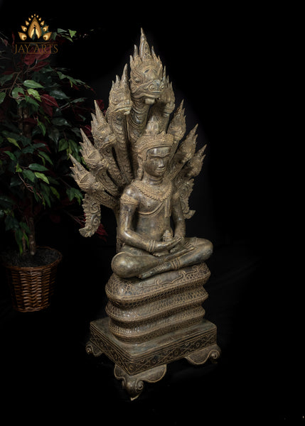 46” Large Khmer Style Spectacular Bronze Naga Buddha in Meditation protected by Nine Headed Muchalinda Serpent