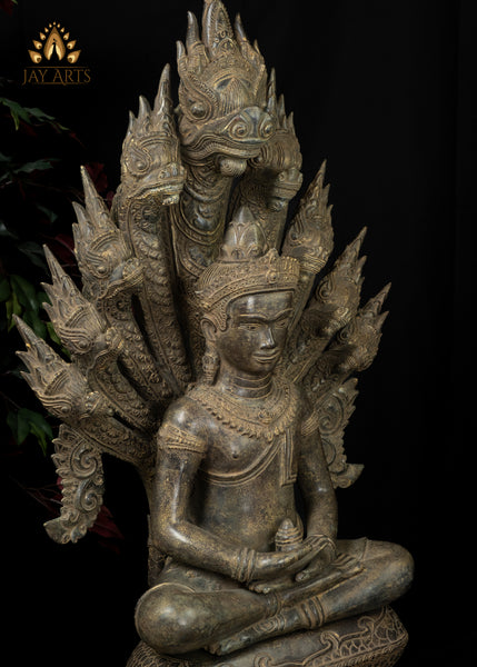 46” Large Khmer Style Spectacular Bronze Naga Buddha in Meditation protected by Nine Headed Muchalinda Serpent