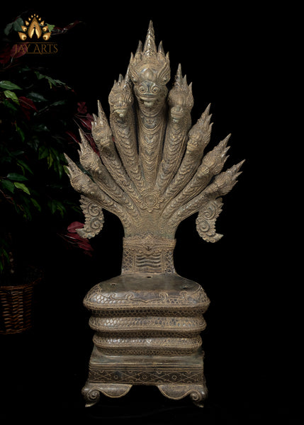 46” Large Khmer Style Spectacular Bronze Naga Buddha in Meditation protected by Nine Headed Muchalinda Serpent