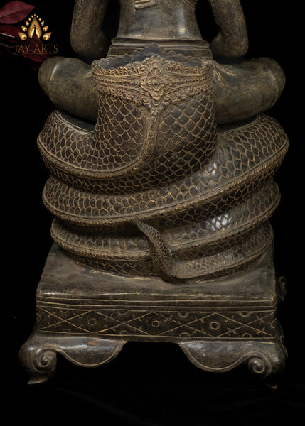 46” Large Khmer Style Spectacular Bronze Naga Buddha in Meditation protected by Nine Headed Muchalinda Serpent